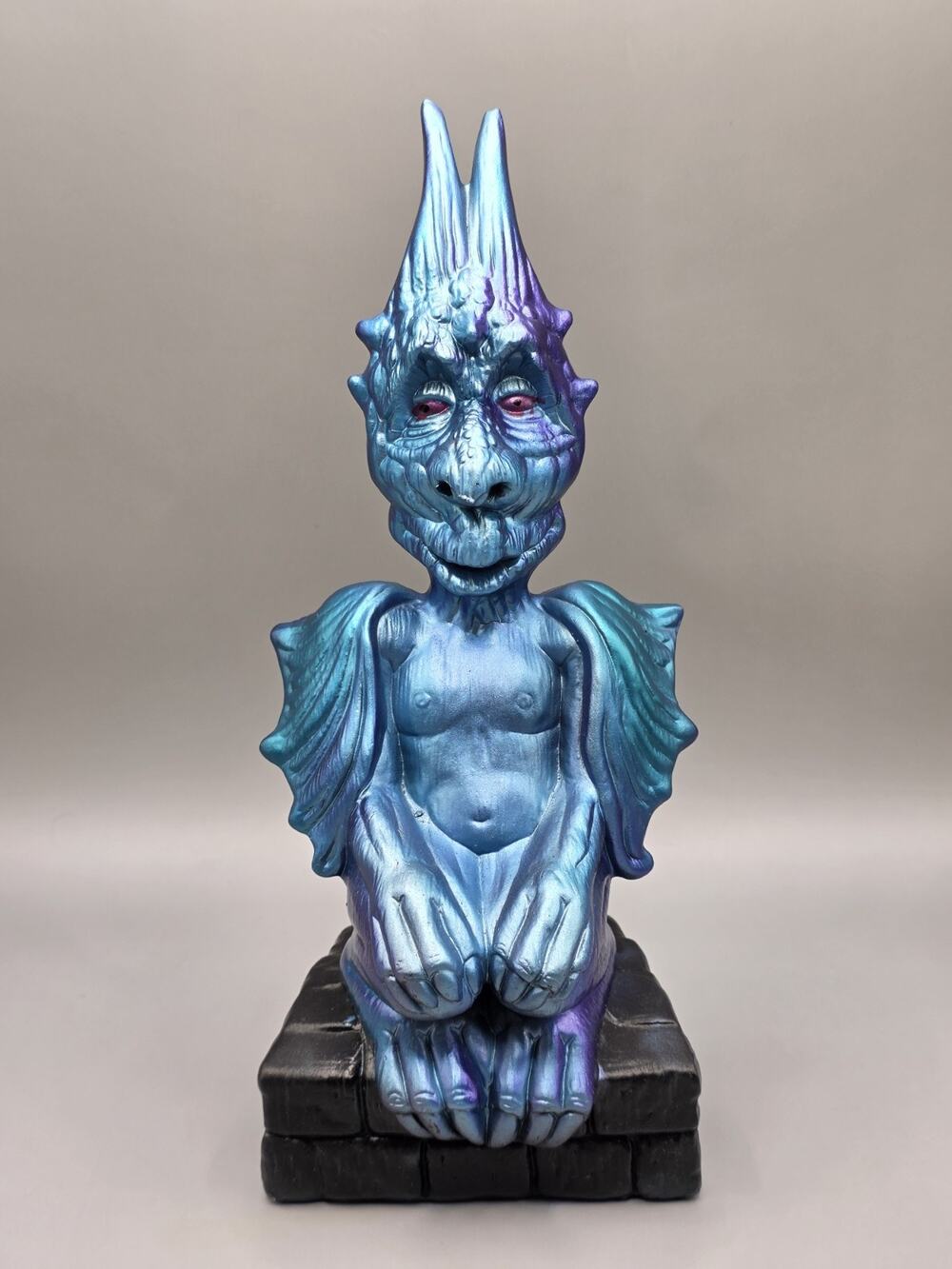 Hand Painted Ceramic Gargoyle Goblin Figurine Chameleon Blue Purple